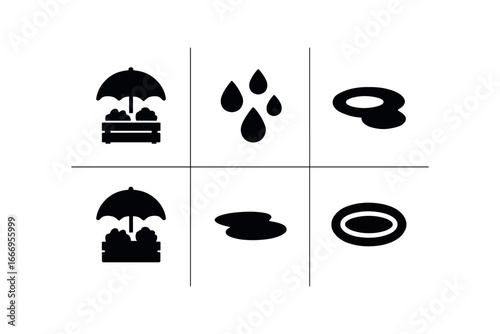 vector solid black filled icons rainy market (umbrella stalls): umbrella canopy produce crates rain drops puddle ring shadow smear light rim.