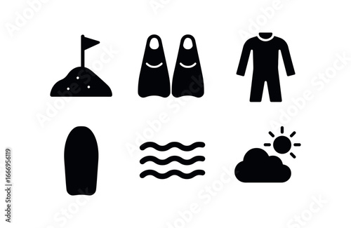 vector solid black filled icons bodyboarding (beach start): sandy shore fins wetsuit board waves clear sky.