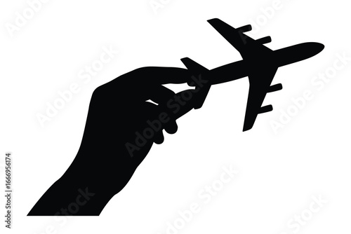 Silhouette of hand holding airplane travel concept isolated on white