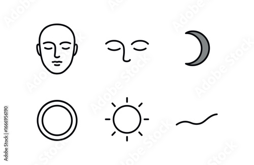 vector outline icons calm resolve (steady gaze): face outline serene eyes shadow smear highlight rim soft glow line curve.