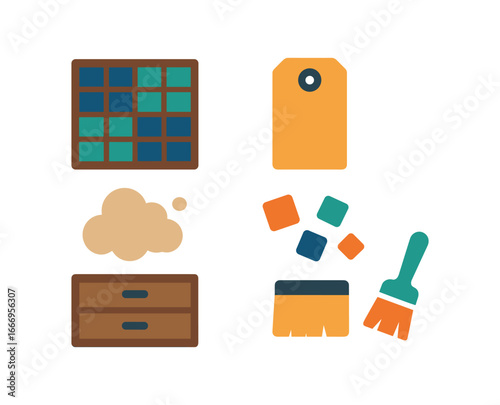 vector colorful filled icons typesetter (sorting case): letter compartments labels dust scattered type drawers small brush.