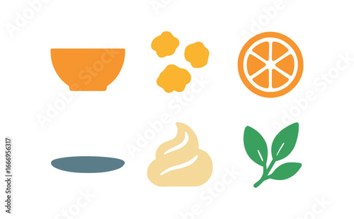 vector colorful filled icons healthy breakfast bowl (granola bowl): bowl edge granola shapes fruit slices shadow smear yogurt swirl leaf sprig.