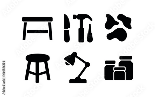 vector solid black filled icons cobbler (workbench): wooden bench tools scraps stool lamp jars.