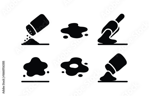 vector solid black filled icons kitchen counter mess (spilled ingredients): spice jar spice spill scoop tip shadow smear highlight rim countertop line.