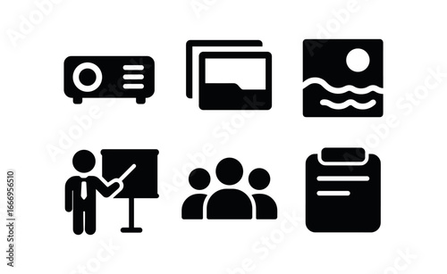 vector solid black filled icons coastal geographer (presentation): projector slides coastline photo pointer audience notes.