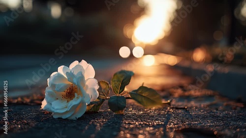 Soft sunset light illuminates a single, delicate white rose on a textured surface