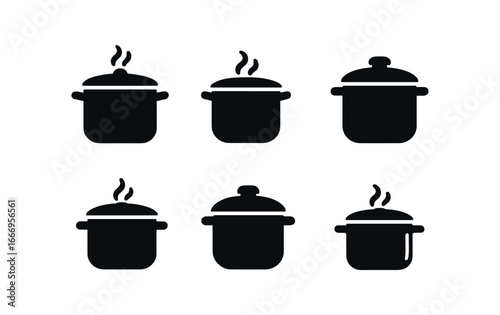 vector solid black filled icons cooking pot (closed lid): tight lid vent pot silhouette handle dots shadow smear highlight rim.