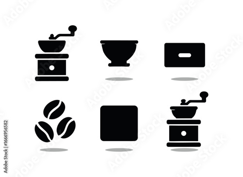vector solid black filled icons coffee grinder (manual crank): grinder handle bean hopper ground drawer coffee beans shadow smear light rim.