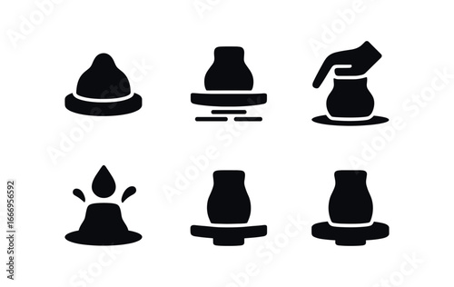 vector solid black filled icons pottery wheel in use (throwing clay): clay mound rotating wheel hand silhouette water splash shadow smear light rim.