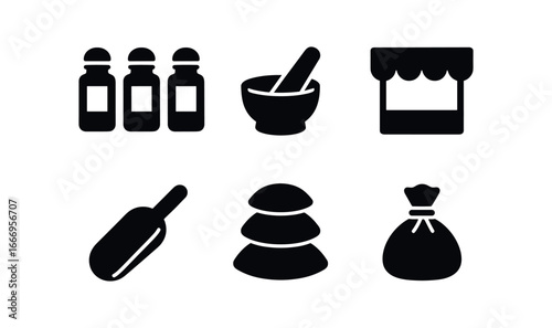 vector solid black filled icons open air market (spice vendor): spice jars mortar pestle scoop lines sack pile cloth bundle awning fringe.