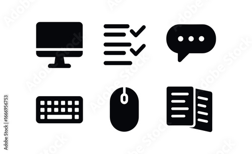 vector solid black filled icons proofreader (digital): computer screen highlighted words side comments keyboard mouse open document.
