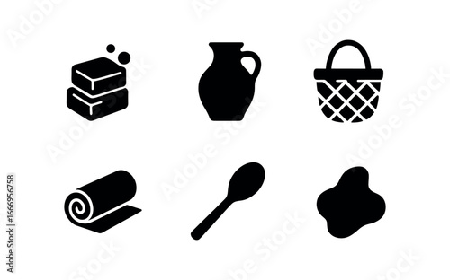 vector solid black filled icons spring market (artisan goods): soap bars pottery jug woven basket fabric roll wood spoon shadow smear.
