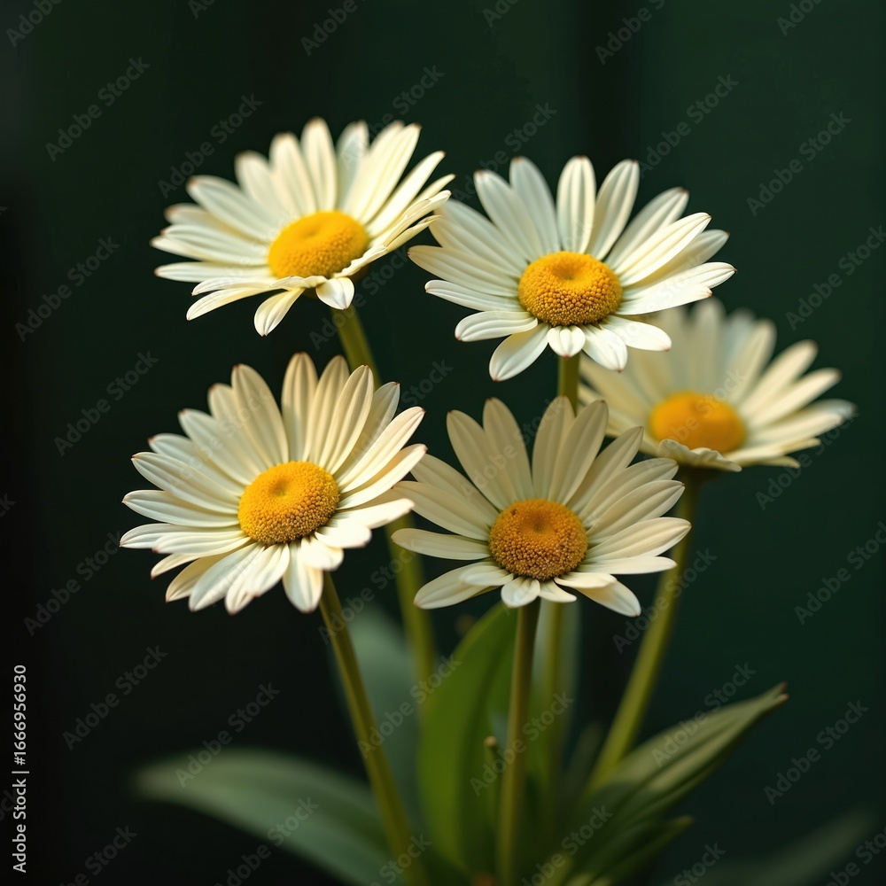 Naklejka premium Four delicate cream daisy flowers with yellow centers and white petals captured in close-up nature photograph. Soft pastel colors create elegant, fresh spring or summer bloom against dark background.