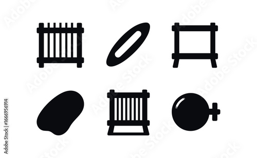 vector solid black filled icons Weaver (loom frame): warp threads shuttle bar frame legs shadow smear highlight rim tension knob.