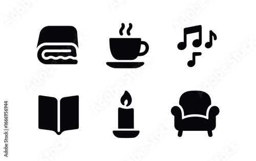 vector solid black filled icons joyful quiet (home): warm blanket cup of tea soft music book candlelight cozy chair.