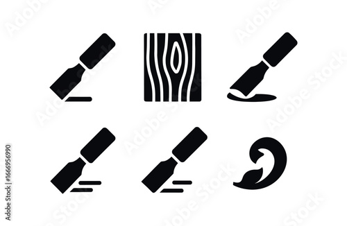 vector solid black filled icons engraver (chisel tip): chisel edge wood grain shadow smear highlight rim motion line wood chip.