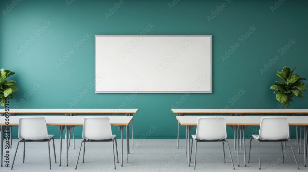 Fototapeta premium Empty classroom with whiteboard and desks is ready for a new learning day, fostering a modern and inspiring educational environment