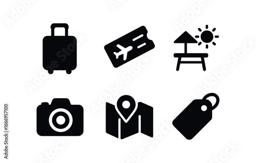 vector solid black filled icons advanced adulthood (travel time): suitcase boarding pass sunny terrace camera map luggage tag.