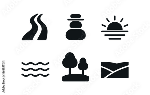 vector solid black filled icons fair mindedness (nature): even path balanced stones sunrise calm water two trees open field.