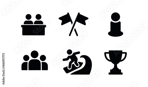 vector solid black filled icons bodyboarding (competition): judges flags markers crowd tricks trophies.