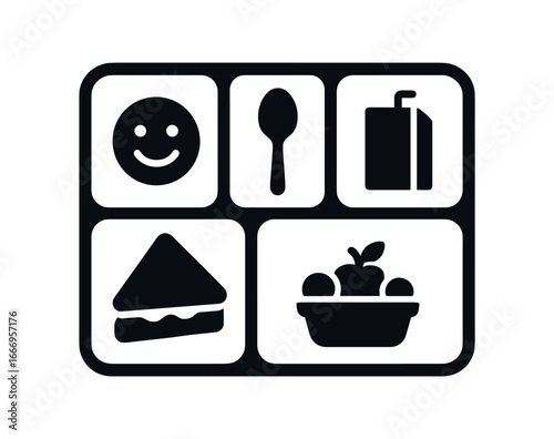 vector solid black filled icons cafeteria tray (kids meal): face icon small spoon juice box mini sandwich fruit cup tray border.