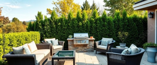 Outdoor patio furniture set with built-in BBQ grill, sofa, armchair, green hedge, trees,   classic,  vector