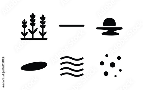 vector solid black filled icons peak bloom season (lavender field): lavender spikes ground line shadow smear highlight rim mist haze sky dot.