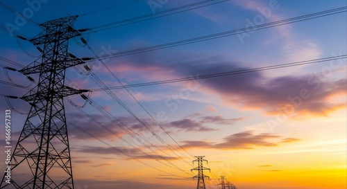High Voltage Power Lines at Sunset | Electrical Transmission Tower Silhouettes Against Colorful Sky for Energy and Infrastructure Marketing