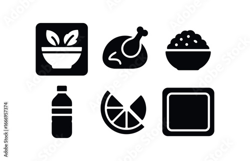 vector solid black filled icons cafeteria tray (healthy option): salad bowl chicken icon brown rice water bottle fruit wedge tray rim.