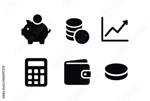 vector solid black filled icons young adulthood (financial start): piggy bank coin stack chart line calculator wallet icon shadow smear.