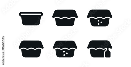 vector solid black filled icons reusable food wrap (glass container): container rim wrap cover shadow smear light rim condensation dot label tag.