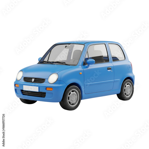 Bright blue small hatchback car parked outdoors in daylight clean transportation scene transparent background