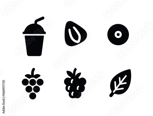 vector solid black filled icons to smoothie cup (berry blend): strawberry slice blueberry dot raspberry cluster blackberry sprig mint leaf straw tip.
