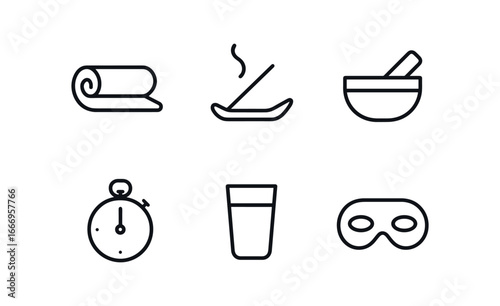 vector outline icons mindfulness (practice): yoga mat incense holder sound bowl timer water glass eye mask.