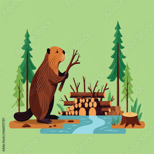 American beaver wildlife illustration in cmyk