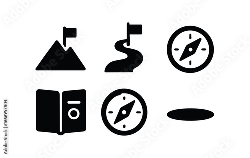 vector solid black filled icons established adulthood (long term goals): mountain peak flag marker roadmap compass icon journal shadow smear.