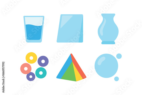 vector colorful flat filled icons transparency (nature): clear stream ice glassy lake dew on leaf blue sky smooth stone.