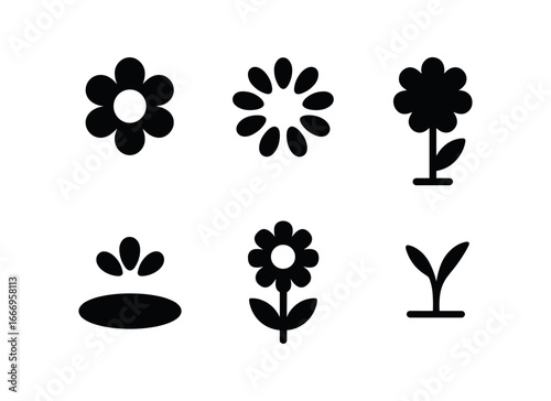 vector solid black filled icons flower season (daisy patch): daisy head petal ring stem line shadow smear highlight rim ground sprig.
