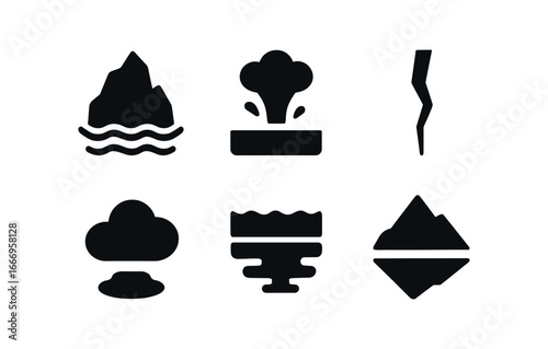 vector solid black filled icons glacial lake (calving edge): iceberg silhouette water plume blue gradient ice crack mist veil shadow.