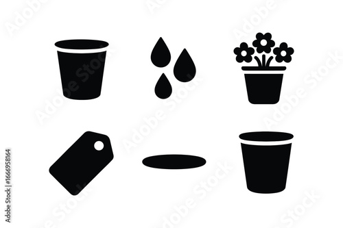 vector solid black filled icons florist at work (flower bucket): bucket rim water droplets flower heads label tag shadow smear light rim.