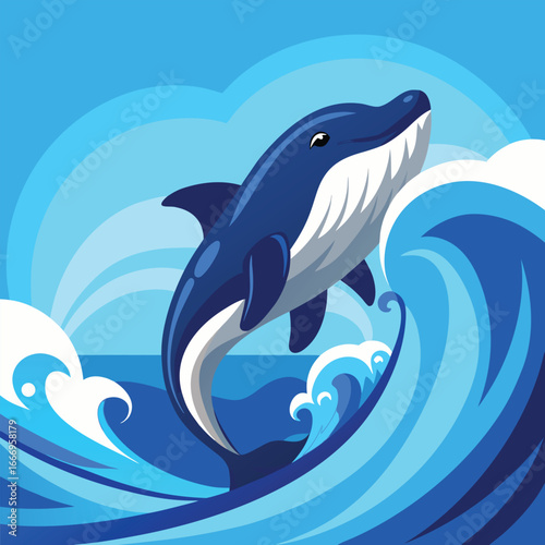 Whale breaching ocean waves flat blue marine design