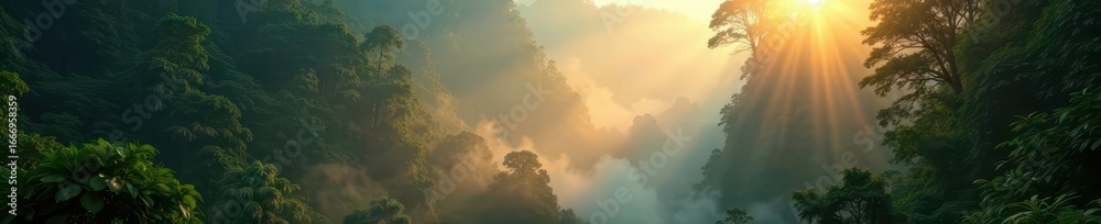 Fototapeta premium Sunbeams dance through the misty veil of a dense rainforest, droplets, atmospheric