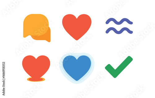 vector colorful filled icons trust building (honest talk): speech bubbles open hearts line waves shadow smear glow rim checkmark.