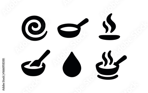 vector solid black filled icons pan on stove (cream sauce): sauce swirl pan lip spatula stroke plume cream drop shadow.