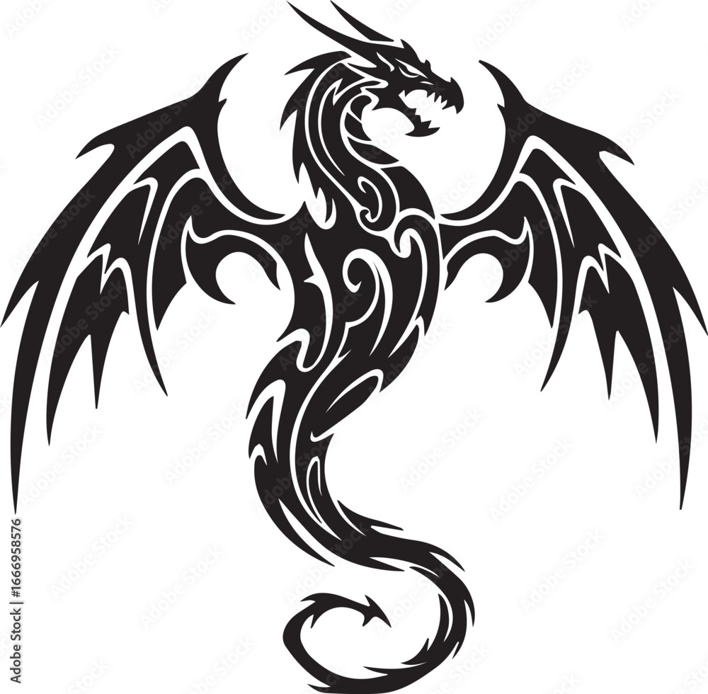 Fototapeta premium Black tribal dragon with spread wings and swirling body tattoo fantasy