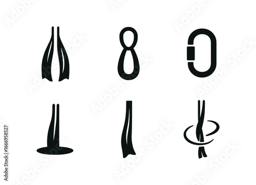 vector solid black filled icons aerial silks (fabric wrap): silk ribbon hand loop rigging carabiner shadow smear highlight rim motion swirl.