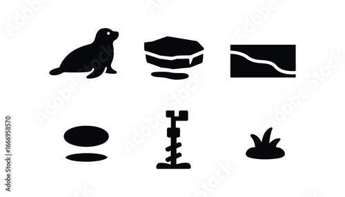 vector solid black filled icons Ice shelf (seal haulout): seal silhouette ice floe water edge shadow smear highlight rim snow tuft.