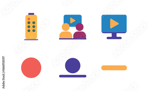 vector colorful filled icons watching movie together (remote control): remote icon two silhouettes screen hint shadow smear button dot background line.