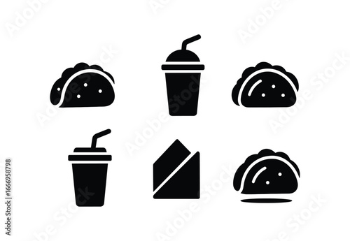 vector solid black filled icons fast food combo (taco and drink): taco shell drink cup straw tip napkin fold shadow smear highlight rim.