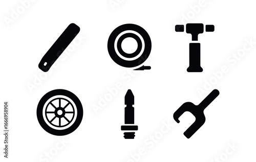vector solid black filled icons bicycle repair (tire change): tire lever inner tube pump head wheel rim valve stem bead breaker.